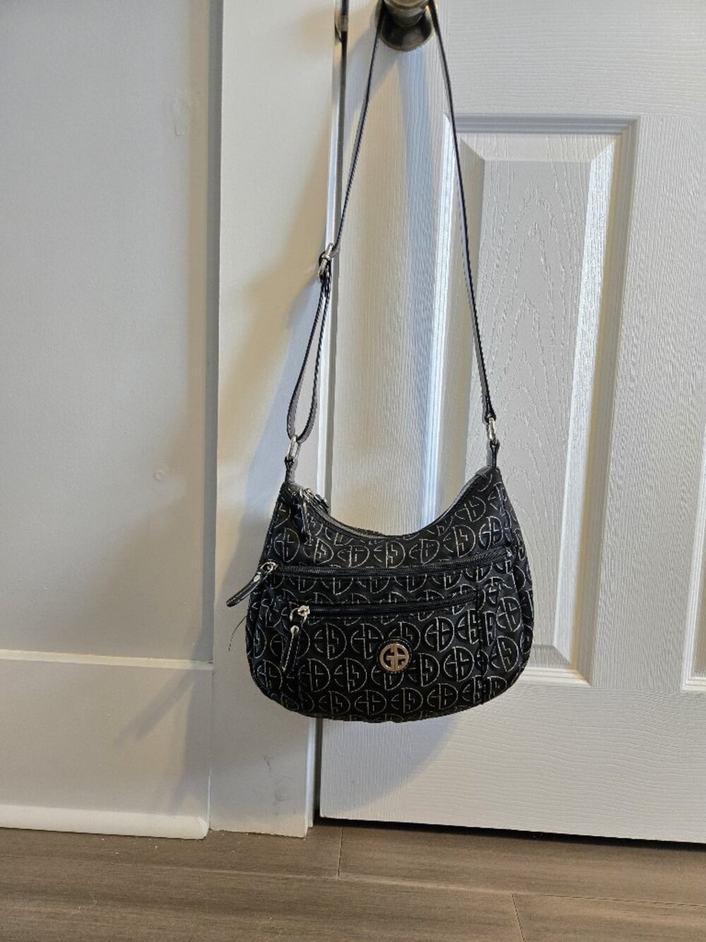 Giani Bernini Black with Silver Logo-Print Hobo Shoulder Bag